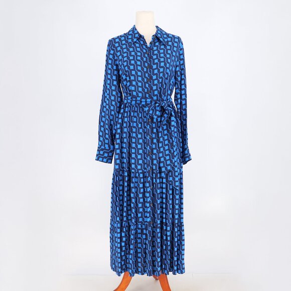 BODEN Flo Tiered Midi Shirt Dress Tie Belt Blue Geo Print Long Sleeve US Size 8 - Picture 2 of 8